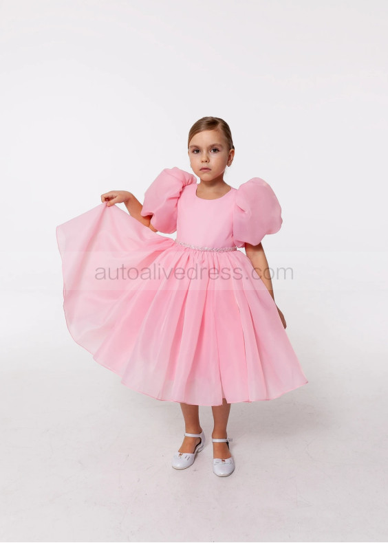 Puff Sleeves Organza Flower Girl Dress With Beaded Sash